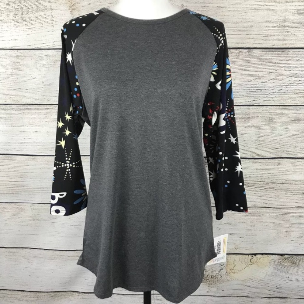 Lularoe Randy Americana Fireworks pattern gray 3/4 length sleeve top